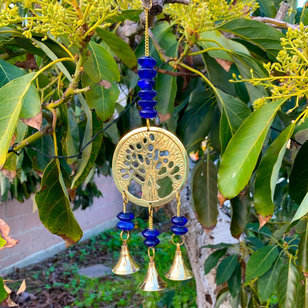 Cobalt Blue Tree of Life Small Wind Chime Sun Catcher Glass Beads & Brass Bells